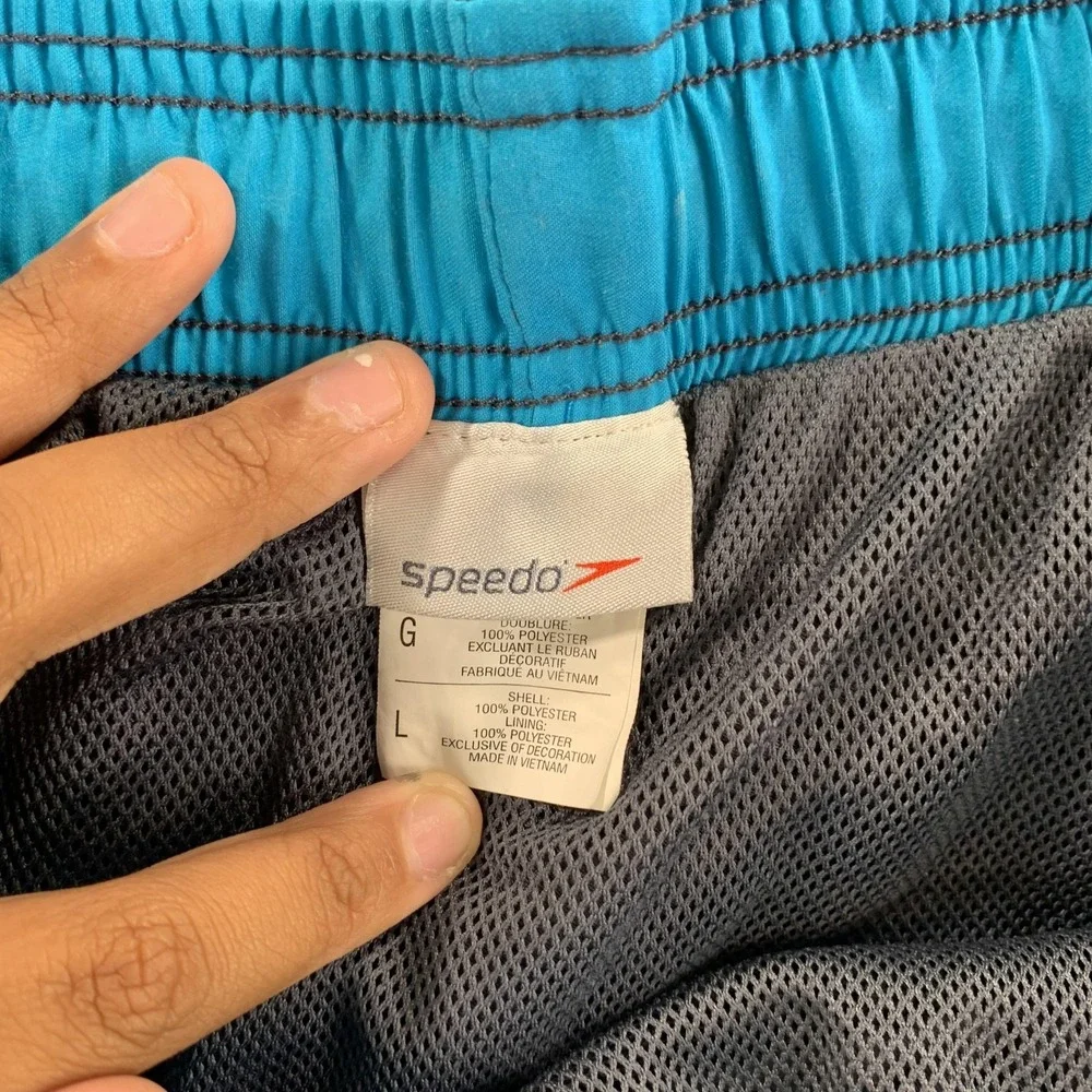 Speedo Swim Trunks Men LG (34in) Gray Blue Mesh Lined‎ Board Shorts Cargo Pocket